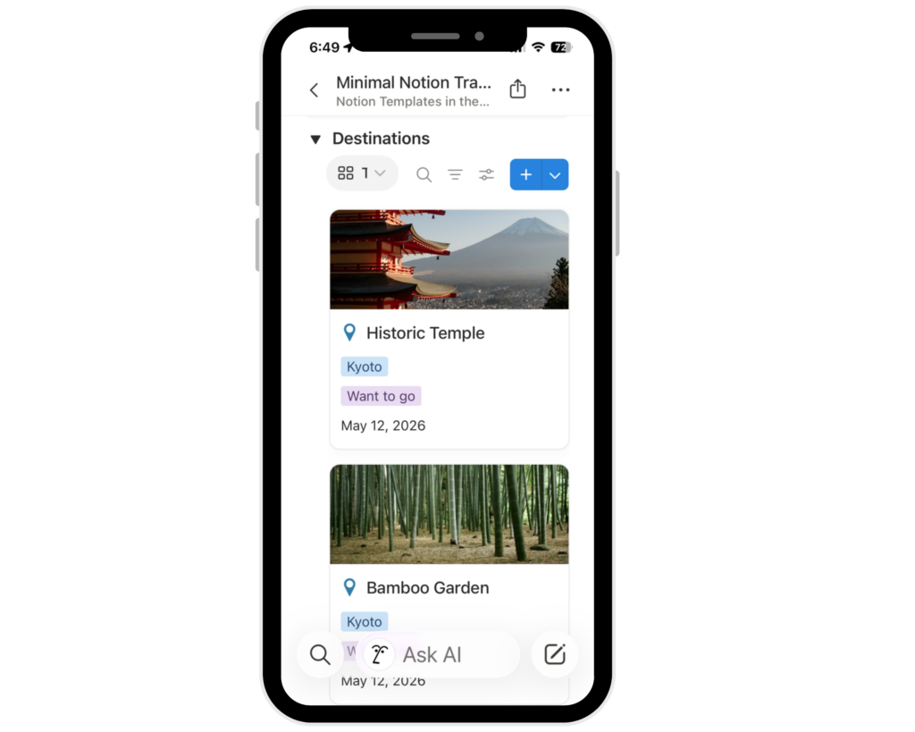 Notion Template Travel Planner Mobile Phone friendly  for People Who Hate Complicated Apps